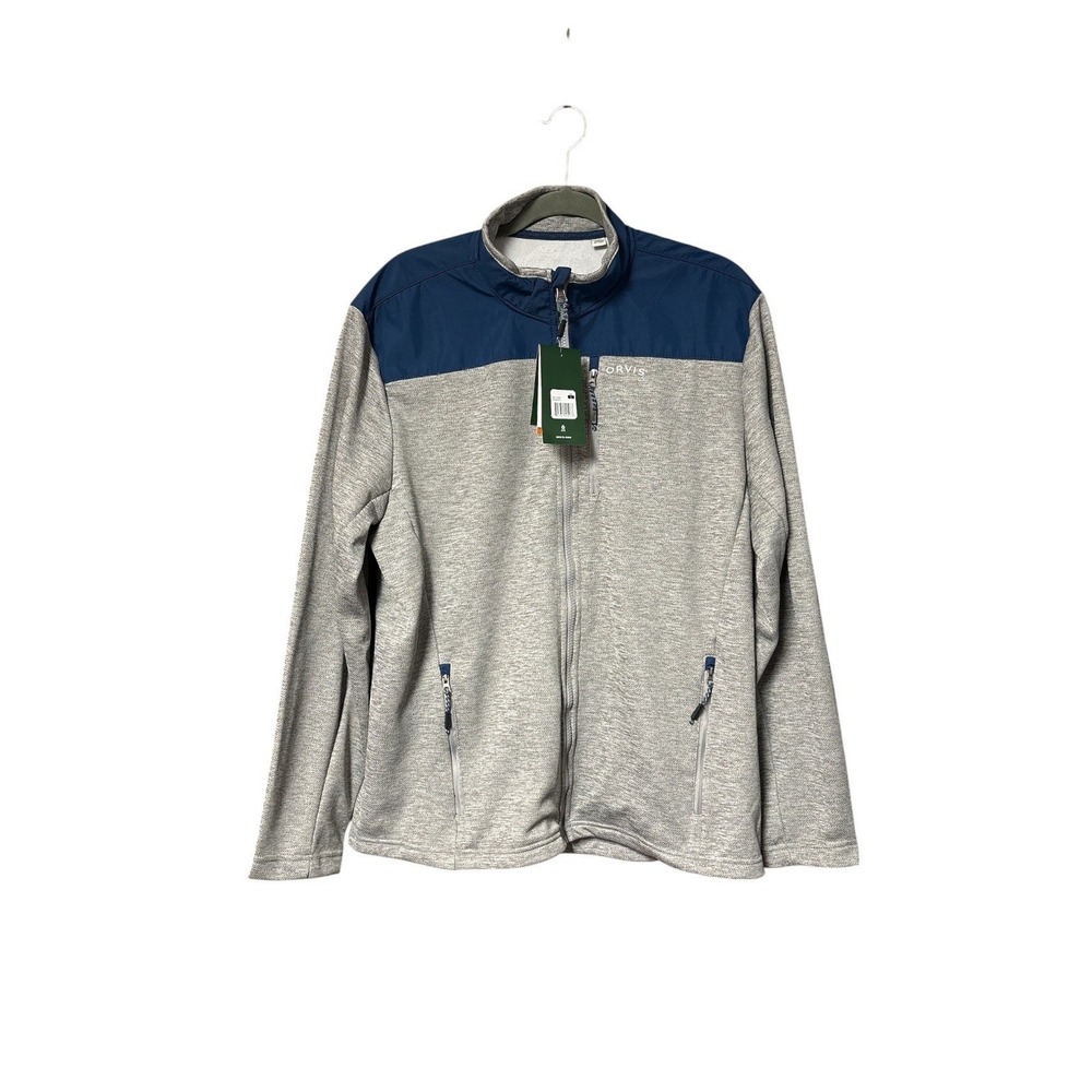 Orvis Mens Bonded Mesh Full-Zip Jacket Grey Blue Fleece Mock Neck Large NWT
